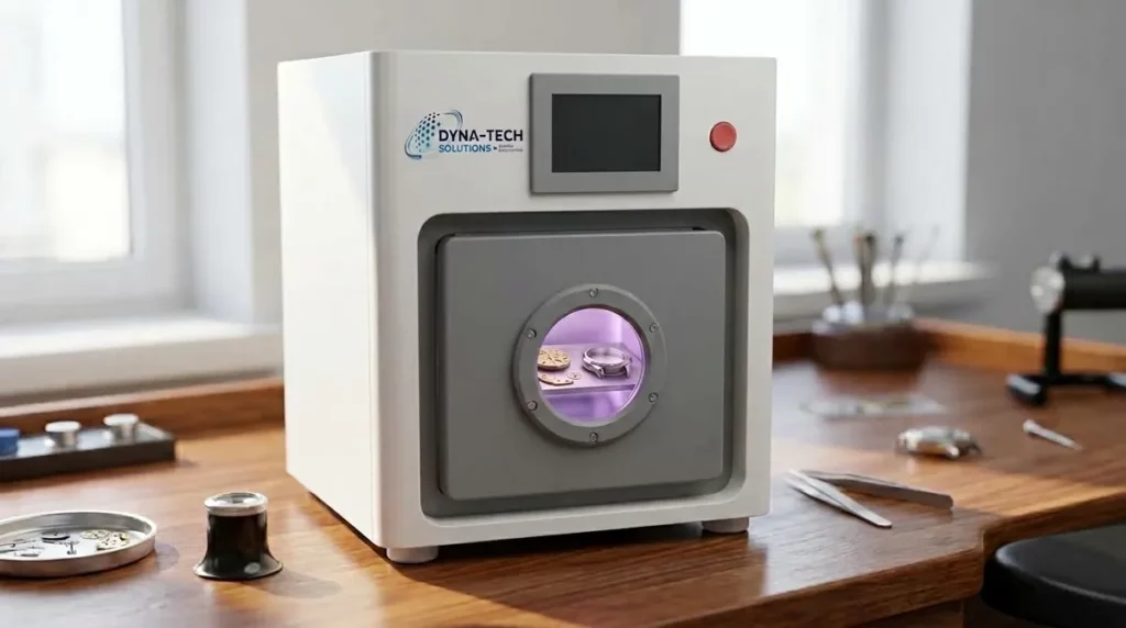 Composants horlogers traités dans une chambre plasma sous vide en inox