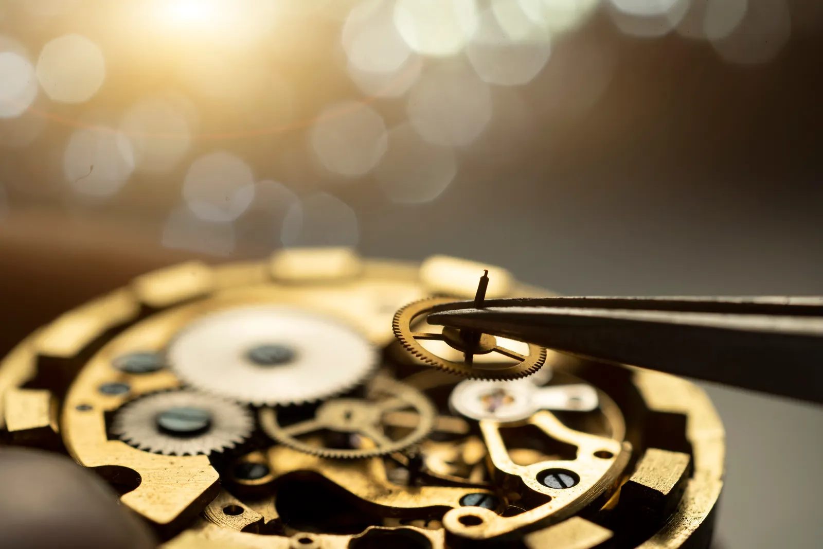 Traitement de surface des métaux en horlogerie : mouvement de montre manipulé à la pince